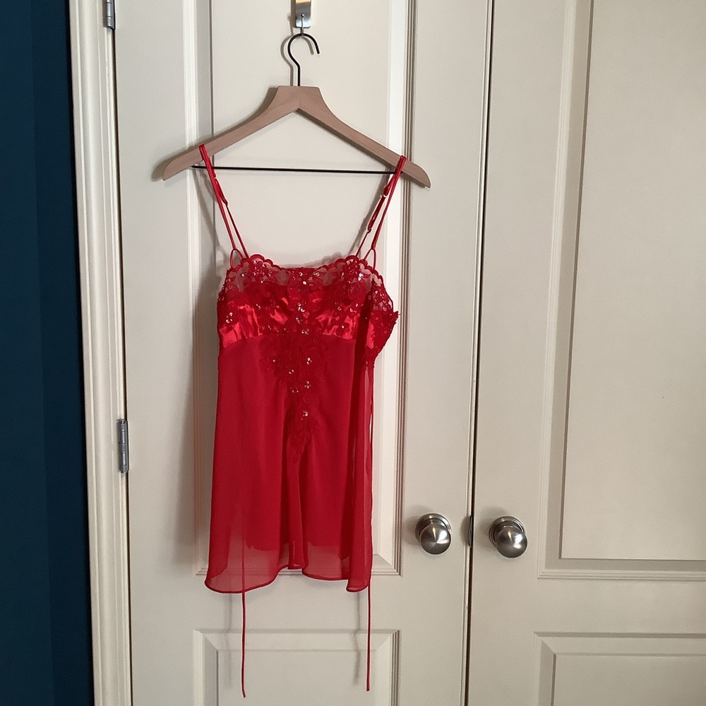 Vintage Red Satin and Mesh Slip/Lingerie with Thong Size S